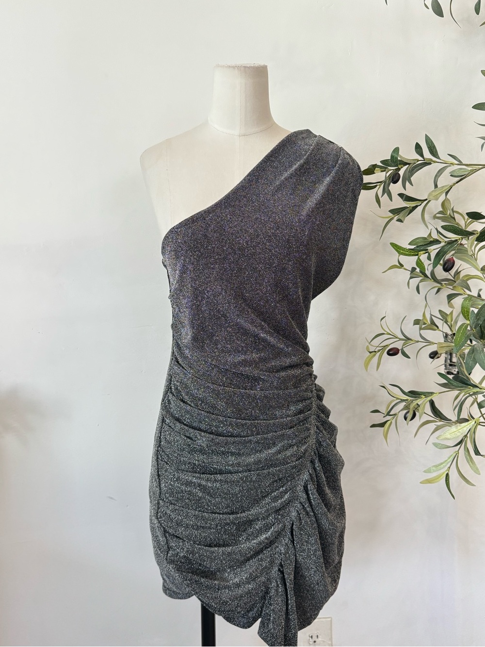 Free People Malia One Shoulder Metallic Ruched Mini Dress Size M